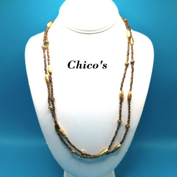 Chico's Long Beaded Necklace, Natural and Gold Tone Beads, 47 Inches, Layering - Picture 1 of 10